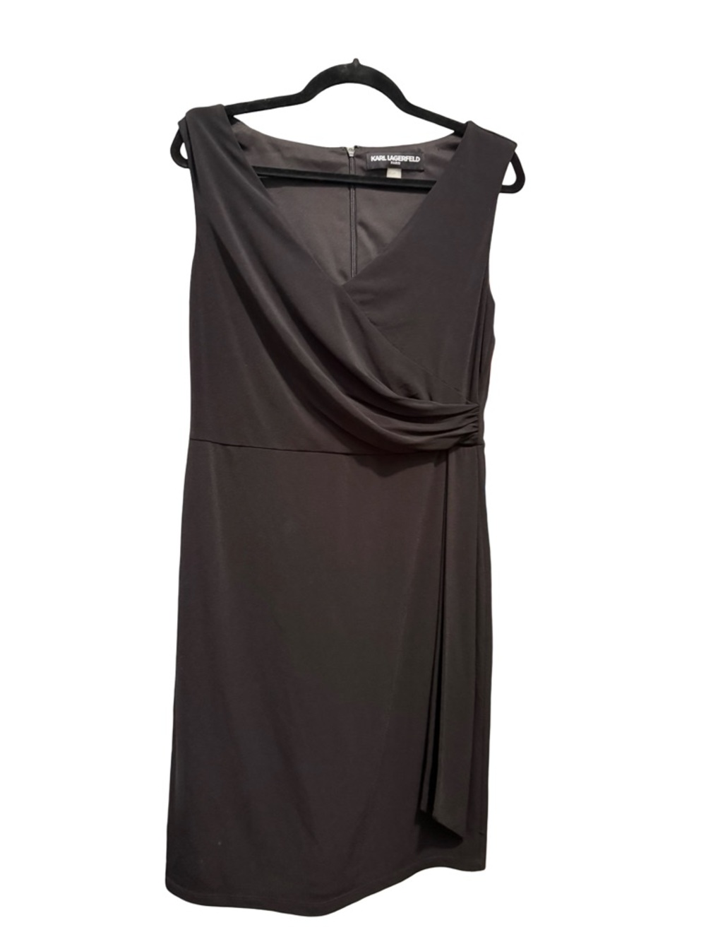 Karl Lagerfeld Paris Black Sleeveless Faux Wrap Sheath Dress - Size 10